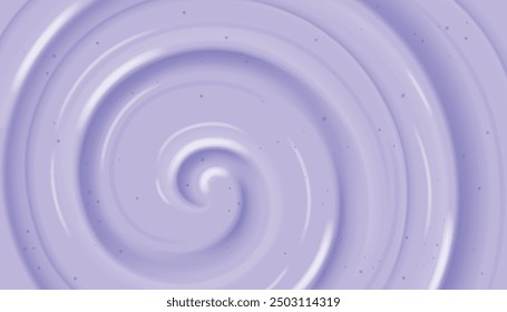 Purple creamy substance top view. Vector realistic illustration of lilac paint, lavender cosmetics, blueberry yogurt with wavy surface, smooth fluid splash, dairy product whirlpool with particles