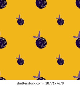 Purple creative orange fruit seamless doodle pattern. Bright yellow background. Vitamin food. Graphic design for wrapping paper and fabric textures. Vector Illustration.