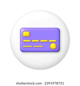 Purple credit card icon on white round buttons. 3d cartoon design element. Vector illustration.