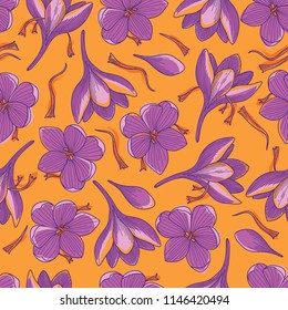 Purple Crocus Flowers and Red Saffron Threads Line Drawing Seamless Pattern on Orange Background
