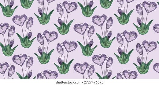 Flores De Croco Roxo, Padrão De primavera Sem Costura, Vetor. Padrão de vetor sem costura com flores roxas de croco primavera. Design floral repetitivo brilhante para impressão têxtil, tecidos e superfícies decorativas.