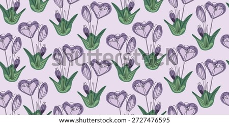 Purple Crocus Flowers, Seamless Spring Pattern, Vector. Seamless vector pattern with purple spring crocus flowers. Bright repeating floral design for textile printing, fabrics, and decorative surfaces.