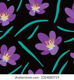 Purple crocus large scale seamless pattern on black background. For textile, wrapping paper, packaging, DIY projects.