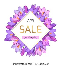 Purple crocuses in snow. Spring violet crocuses on white. Floral nature vector illustration crocus flower. Advertising sale shopping promo banner card template. Diamond rhombus shape. Text placeholder