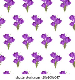 Purple crocuses vector seamless background. Floral seamless pattern with spring flowers.  