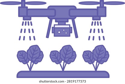 Purple Crop Spraying Drone Icon. Vector Illustration. An Unmanned Aerial Vehicle Used for Precise Application of Fertilizers and Pesticides. The Drone With a Tank Sprays Liquid Onto Plants. Agrotechnology and Smart Farming Concept