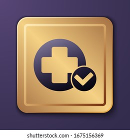 Purple Cross hospital medical icon isolated on purple background. First aid. Diagnostics symbol. Medicine and pharmacy sign. Gold square button. Vector Illustration