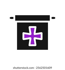 Purple cross on black flag icon. Concept of religion, faith, and spirituality.