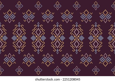 Purple cross stitch traditional ethnic pattern paisley flower Ikat background abstract Aztec African Indonesian Indian seamless pattern for fabric print cloth dress carpet curtains and sarong