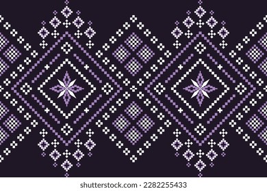 Purple cross stitch traditional ethnic pattern paisley flower Ikat background abstract Aztec African Indonesian Indian seamless pattern for fabric print cloth dress carpet curtains and sarong