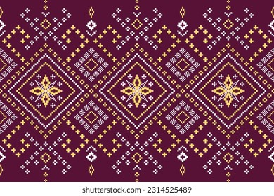 Purple cross stitch traditional ethnic pattern paisley flower Ikat background abstract Aztec African Indonesian Indian seamless pattern for fabric print cloth dress carpet curtains and sarong