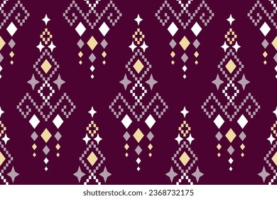 Purple cross stitch traditional ethnic pattern paisley flower Ikat background abstract Aztec African Indonesian Indian seamless pattern for fabric print cloth dress carpet curtains and sarong