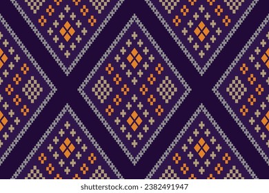 Purple cross stitch traditional ethnic pattern paisley flower Ikat background abstract Aztec African Indonesian Indian seamless pattern for fabric print cloth dress carpet curtains and sarong