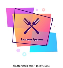 Purple Crossed fork icon isolated on white background. Cutlery symbol. Color rectangle button. Vector Illustration
