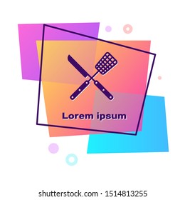 Purple Crossed knife and spatula icon isolated on white background. BBQ knife and spatula sign. Barbecue and grill tools. Color rectangle button. Vector Illustration