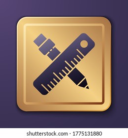 Purple Crossed ruler and pencil icon isolated on purple background. Straightedge symbol. Drawing and educational tools. Gold square button. Vector Illustration
