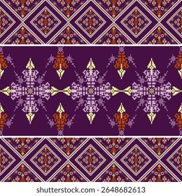 Purple cross-stitch ethnic boho seamless pattern. Tribal pattern. Folk motif. Textiles rapport. Vector folk embroidery geometric shape seamless pattern. Ideas for carpet, rugs, and wall tapestry.