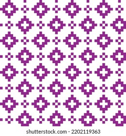 Purple cross-stitch knitting pattern on white yellow background. Purple square dots on white yellow backdrop. Monochrome color theme fabric pattern design for sale. Knitting handicraft art.