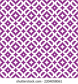 Purple cross-stitch knitting pattern on white background. Purple square dots on white backdrop. Monochrome fabric pattern design for sale. Knitting handicraft art.