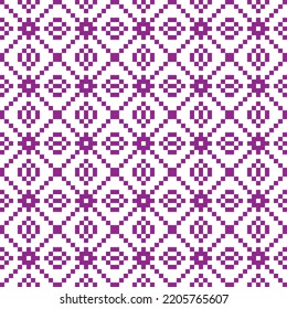 Purple cross-stitch knitting pattern on white background. Purple square dots on white backdrop. Monochrome fabric pattern design for sale. Knitting handicraft art.