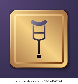 Purple Crutch or crutches icon isolated on purple background. Equipment for rehabilitation of people with diseases of musculoskeletal system. Gold square button. Vector Illustration