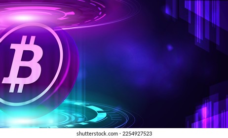 Purple cryptocurrency poster with 3D coin of Bitcoin in blue and pink hologram of digital rings in dark room
