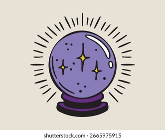 Bola de cristal roxo com luzes no interior, boho místico bruxo mão desenhado estilo. Ilustração vetorial.