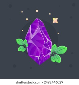 Purple Crystal Gem Magic Esoteric Icon With Green Branches And Stars Isolated Vector Design