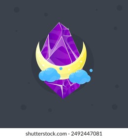 Purple Crystal Gem Magic Esoteric Icon With Moon And Clouds Isolated Vector Design