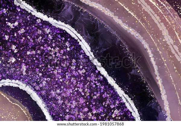Purple crystal geode background with glitter and\
gold cracks. Violet amethyst sparkling gemstone with gold border.\
Hand drawn watercolor gem backdrop design for wedding invitation,\
decoration, card.