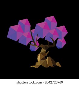 Purple crystal low poly tree isolated on black. Vector illustration. Fantasy nature concept