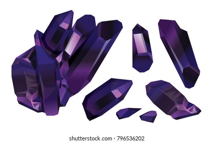 Purple Crystal Stone set, Violet jewel stones isolated on white background. Purple stones mineral amethyst quartz