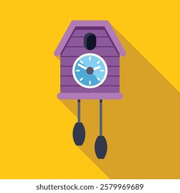 Purple cuckoo clock striking twelve on yellow background, in flat design with long shadow