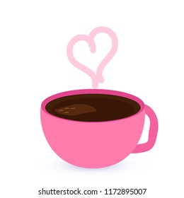 A purple cup with coffee or tea and heart. On a white background. Inscription