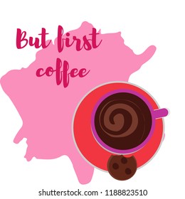 A purple cup with coffee or tea and heart. on a blot