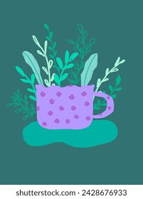 A purple cup with leaves on the background on green background vector for branding package, fabric print, wallpaper, social media post, doodle, notes, book covers, wall decor.