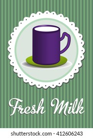 Purple cup with milk isolated and the text fresh milk written bellow with handwritten letters