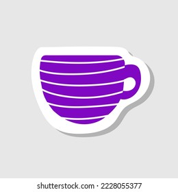 Taza púrpura con rayas, ilustración, vector sobre un fondo gris. Diseño para pegatinas