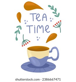 Purple cup with tea, leaves and floral. Tea time