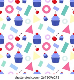 Cupcake púrpura con patrón de Formas de cereza y geométricas, cupcakes lindos y colección de cerezas, diseño para fiesta y tela.	