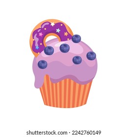 Purple cupcake or muffin with donut vector illustration. Drawing of little cake with frosting and doughnut isolated on white background. Holiday, dessert, decoration concept