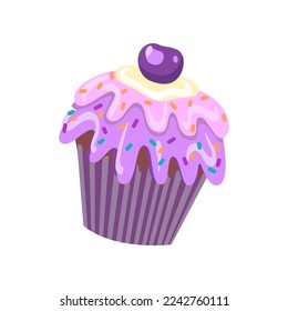 Purple cupcake or muffin vector illustration. Drawing of little cake with frosting and sprinkles isolated on white background. Holiday, dessert, decoration concept