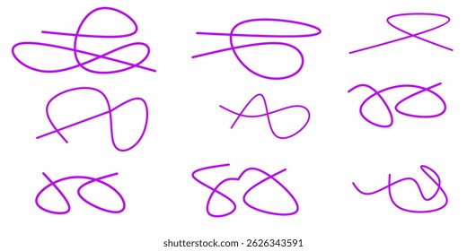 purple curly squiggly lines collection. squiggly line scribble collection. Swoosh, swash underline stroke set. Abstract purple wavy thin lines. Scribble elements. purple ink pen scribble set