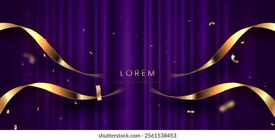 Purple curtain background. Golden confetti banner and ribbon on white background. Celebration grand openning party happy concept. Vector illustration