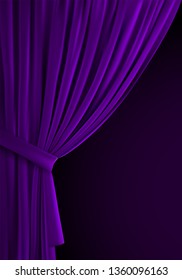 Purple Curtain Background. Realistic Vector Illustration. Textile Drapes. Folded Velvet Fabric. Decoration Element For Design. Theater, Cinema Or Home Interior Object