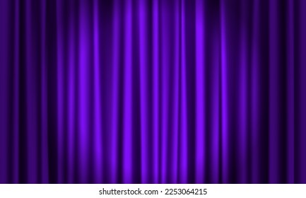 Purple curtain illuminated by spotlight. Closed velvet drapes. Vector illustration.