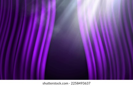 Purple curtain illuminated by spotlight. Open velvet drapes. Vector illustration.