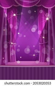 Purple curtains on stage, circus or theater empty vector scene with with drape. Open backstage portiere, spotlights and sparkles. Cartoon opera scene, concert or cinema grand opening show performance