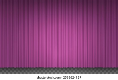 Purple curtains for theater or cinema. 3d pink closed velvet curtains for stage. Cloth drapes lighted by spotlight isolated on transparent background, vector illustration