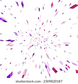 Purple cut out foil ribbon perspective confetti background. Flying in cosmos with high speed effect. Design element. Vector illustration.